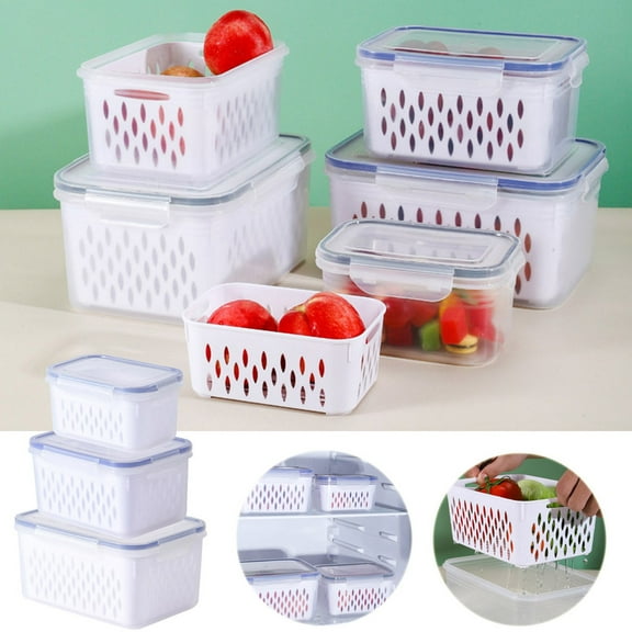 Fridge Food Storage Container with Lids Plastic Fresh Produce Saver Vegetable Fruit Meat Storage Organization Kitchen Refrigerator Organizers Bins