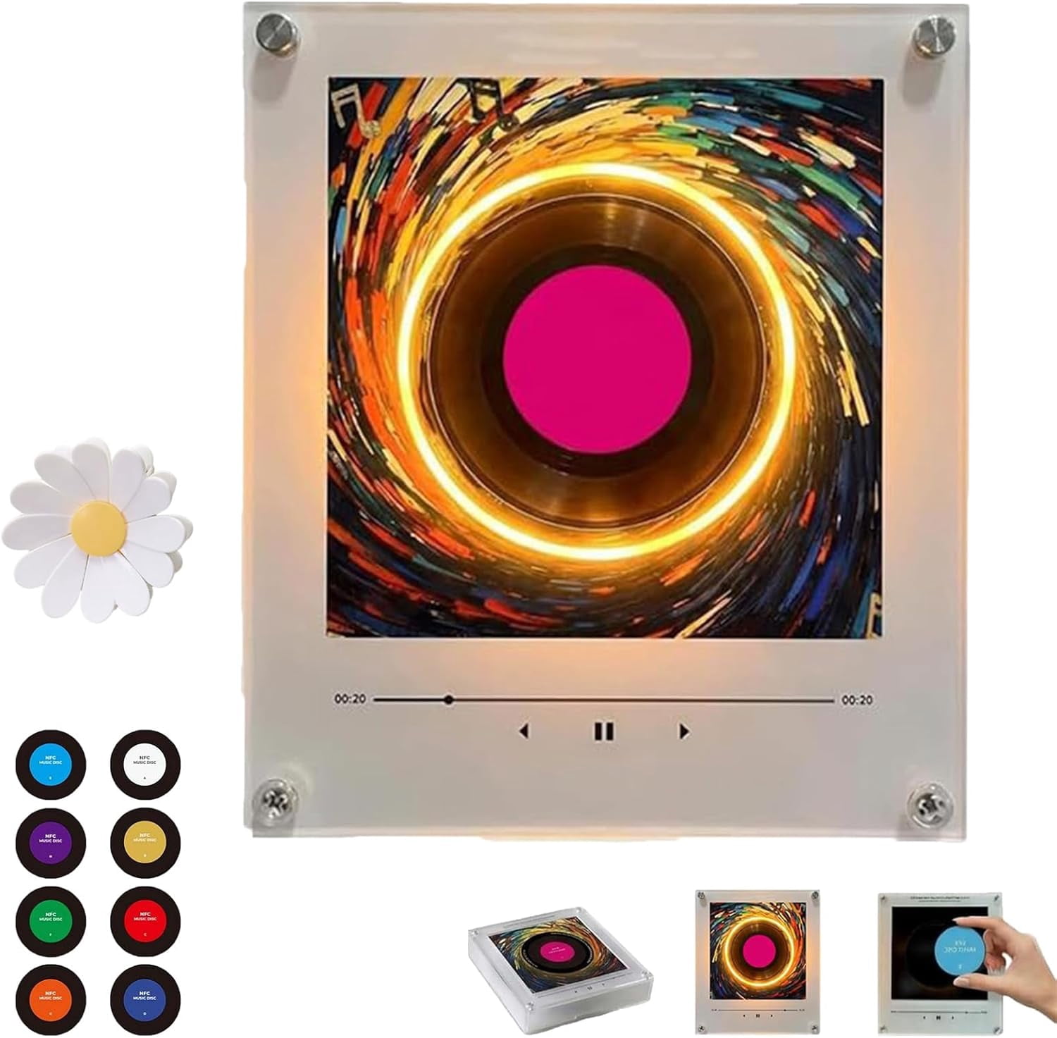 Fridge Magnet Music Player, NFC Programmable Magnetic Music Box for Refrigerator, Vintage Vinyl Record Player Magnet Aesthetic Decor Gift with LED Lights (Rotation)