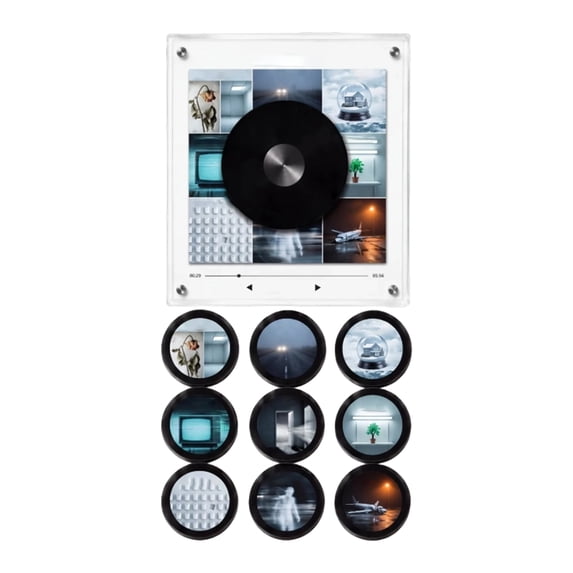 Fridge Magnet Music Player Set with 9 Vinyl Style Discs ,Mini vinyl record player‑inspired magnetic music box with 9 NFC discs and phone‑free playback for home decor and gifting(A)