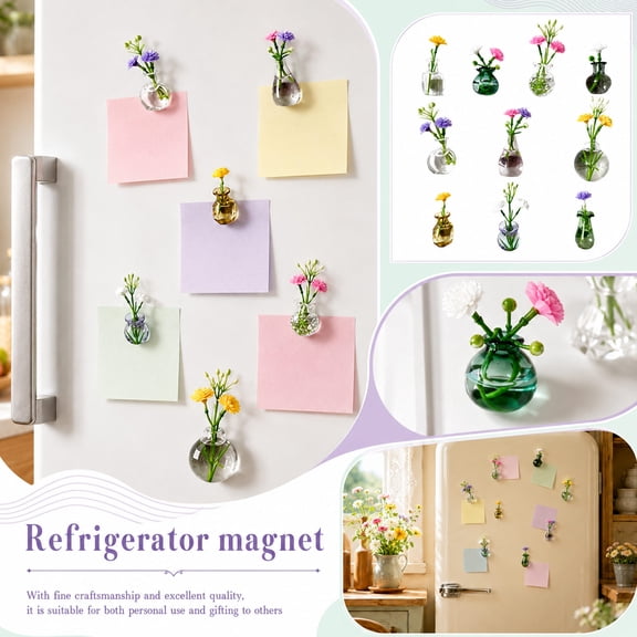 Fridge Magnets for Kitchen, Mini Glass Flower Vase with Artificial Flowers in Vase, Plant Magnets for Office Desk Decor, Tiny Decorative Magnets for Locker Decorations, 10-Pack