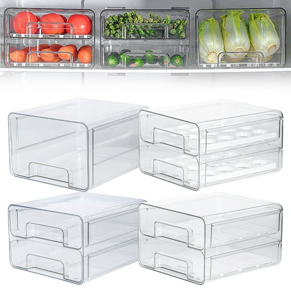 Fridge Organizer Bin Basdi Stackable Fridge Organizer - Clear Plastic Drawer with Lid and Drain Tray | Pull-Out Design, Space Efficient, Keeps Refrigerator Neat and Clean, Clear Fridge Bins, A