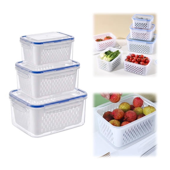 Fridge Organizer Bins and Storage Containers (with Removable Drain Basket and Airtight Lid) – Suitable for Berries, Fruit, Vegetables, and Salad