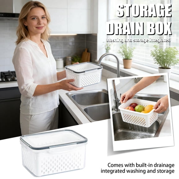 Fridge Organizers and Storage, Fruit Storage Containers with Colander, Produce Storage Containers for Fridge, Airtight Storage Containers, 9X7X4.5 in 2 Tier Clear Plastic Saver