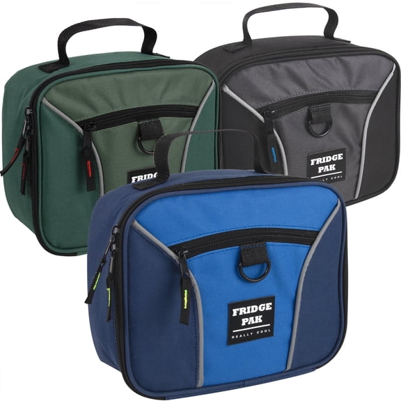 Fridge Pak 24 Pack of Bulk Wholesale Insulated PVC-Free Non-Toxic Vinyl Lunch Bag Coolers for Hot and Cold Food, Drinks & Snacks with Front Zippered Pocket & Top Carry Handle in Gray, Blue and Green