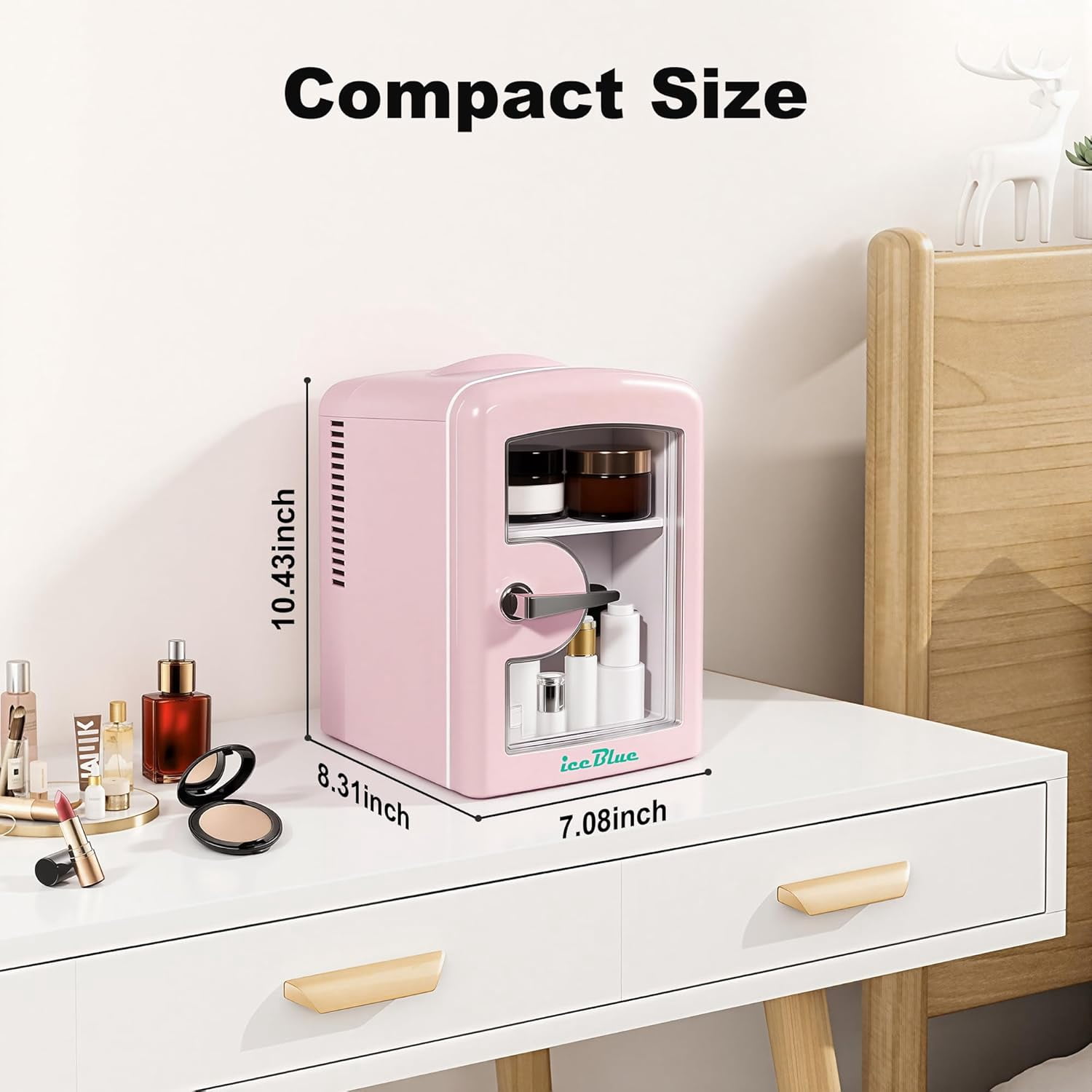 Fridge, Skincare Fridge with Viewing Window, 4 Liter /6 Cans Compact  Makeup Fridge for Beauty & Beverages, Tiny Fridge for Desk, Bedroom, Car, Office, Dorm, Gift - Pink