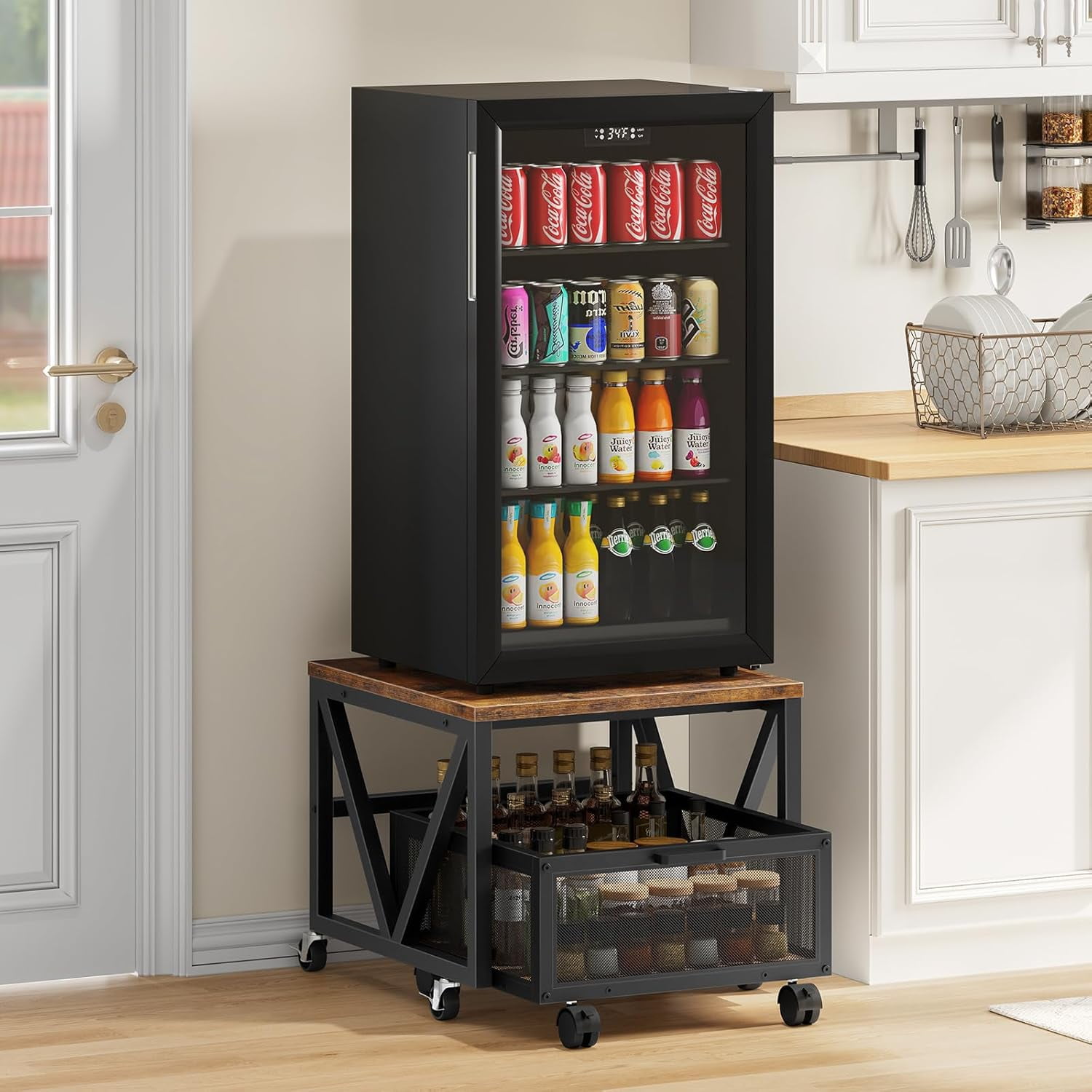 Mini Fridge Stand with Movable Storage Basket and Wheels, Sturdy Metal Frame for Home Office Dorm Rustic Brown Black