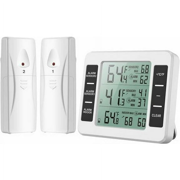 Fridge Thermometer, Fridge Thermometer with Freezer Alarm, Wireless Indoor Outdoor Thermometer with 2 Sensors, MIN/MAX and Temperature Alarm, Connected Thermometer for Home