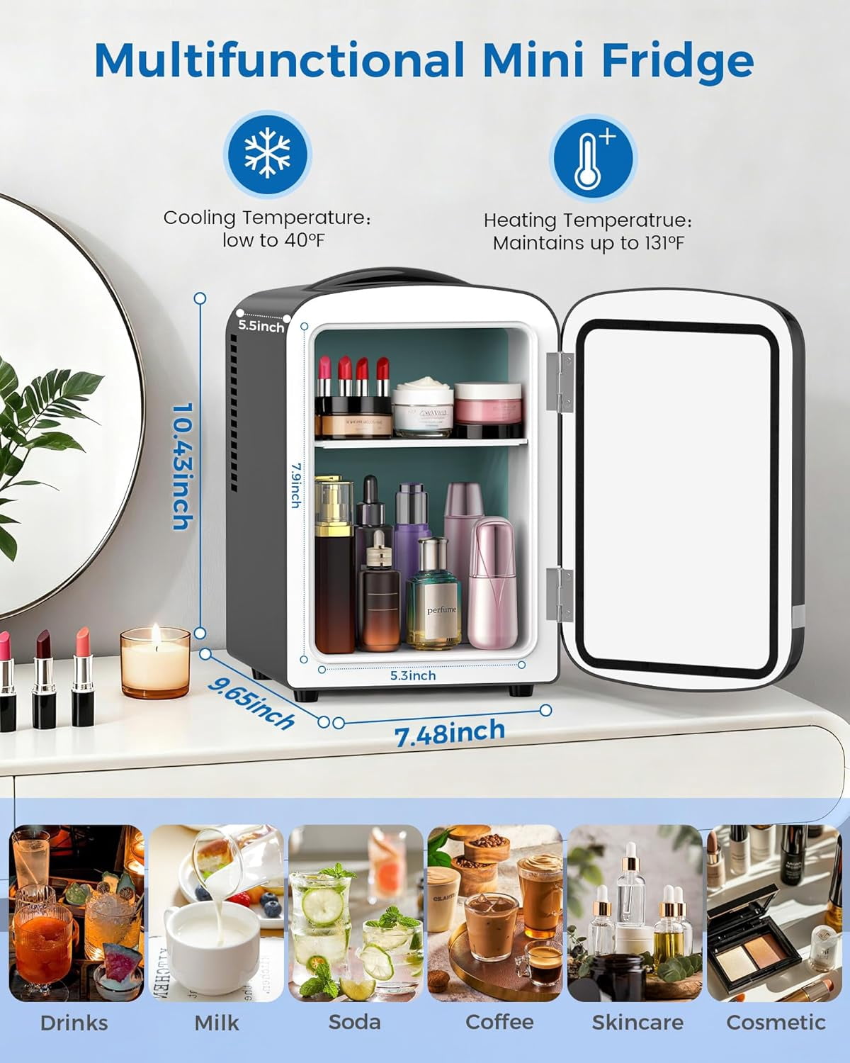 Fridge for Bedroom, 4L Skincare Cooler Warmer with Adjustable Shelves for Makeup Medicine Beverage Car Office Dorm Black