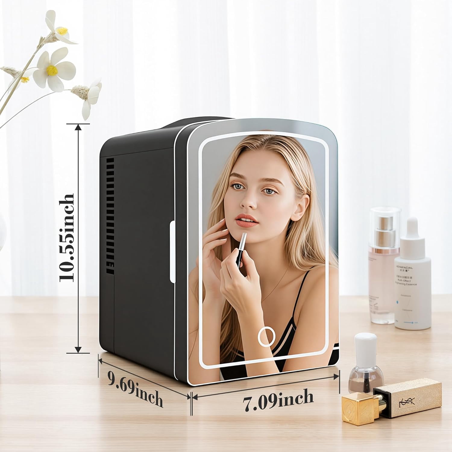 Fridge with LED Mirror, 4L Skincare & Beverage Cooler for Bedroom Car Office Dorm
