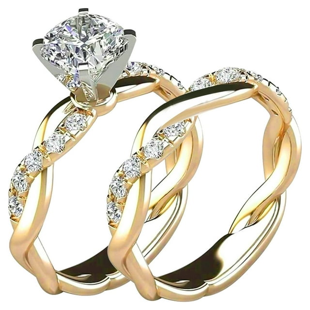 Fridja 2 Carats Alloy Bridal Set Cubic Zirconia Engagement Wedding Ring Bands with Round and Princess Cut