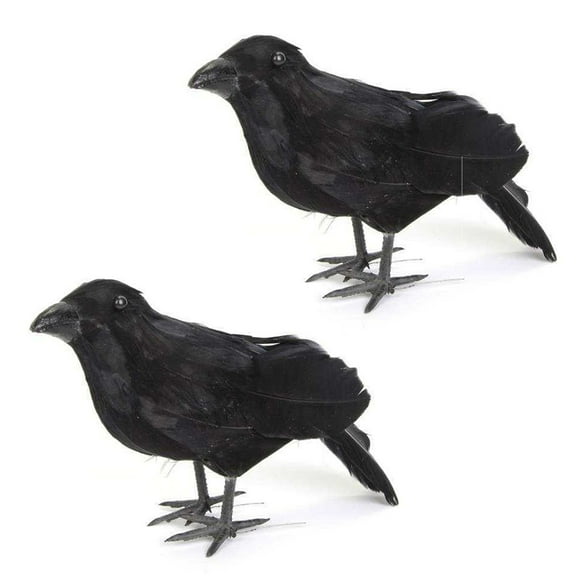 Fridja 2 Pieces 6.7 Inch Halloween Realistic Black Feathered Crow Handmade Stand Crows Ravens for Halloween Decorations