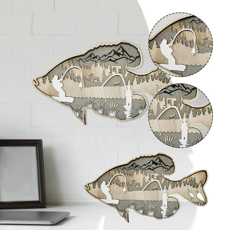 Fridja 3D Wooden Wall Art - Fish Wall Decor Hanging Fishing Scene Art Craft  for Indoor Animal Artwork Rustic Home Decorations
