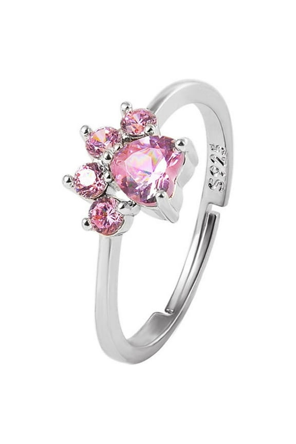 Adjustable Cat Paw Design Ring With Cubic-Zirconia For Cat And Silver