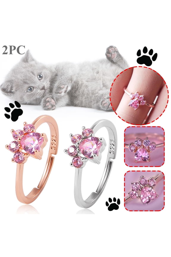 Adjustable Cat Paw Design Ring With Cubic-Zirconia For Cat And Silver