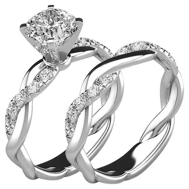 Fridja Alloy Swarovski Zirconia Antique Ring Set 2PC Ring Bridal Zircon Diamond Elegant Engagement Wedding Band Ring Set