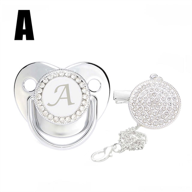 Pacifefer Fridja Bling Personalized Silver Baby Pacifier with Pacifier Clips A-Z ...