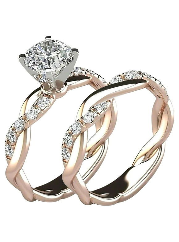 Fridja Engagement Ring for Women Alloy Cubic Zirconia Wedding Band Bridal Set 2PC Ring Bridal Zircon Diamond Elegant Engagement Wedding Band Ring Set