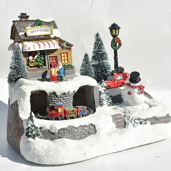 Fridja LED Light Christmas Village House Luminous Figurines Animated Music Xmas Gift