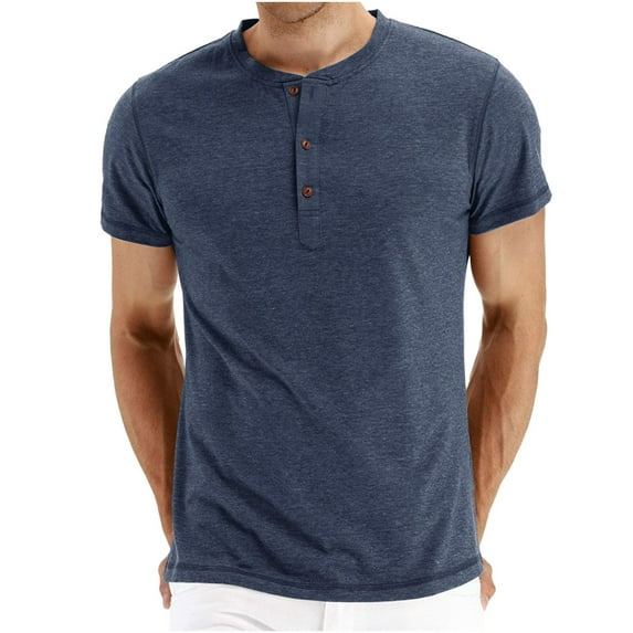 Fridja Men's Solid Color Round Neck Half Button Pullover Casual Short Sleeve T-Shirt