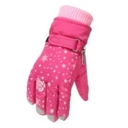 Fridja Snow Gloves for 5-12 Years Old Kids Ski Winter Gloves Rose Embroidery Windproof Children Warm Gloves for Toddler Girls Boys