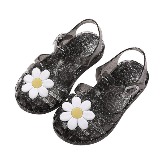 Dengmore Toddler Sandles Girls Jelly Sandals Rubber Sole Closed Toe Princess Flat Flower Summer Shoes, Black, 2-9 Years Old
