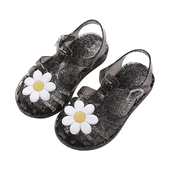 Dengmore Toddler Sandles Girls Jelly Sandals Rubber Sole Closed Toe Princess Flat Flower Summer Shoes, Black, 2-9 Years Old