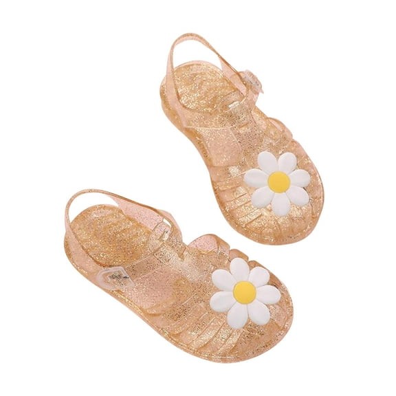 Dengmore Toddler Sandles Girls Jelly Sandals Rubber Sole Closed Toe Princess Flat Flower Summer Shoes, Orange, 2-9 Years Old