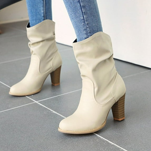 Fridja Women Shoes Solid Color Square High Heels Casual Warm Wear-resistant Slip-on Fleece Cowboy Boots