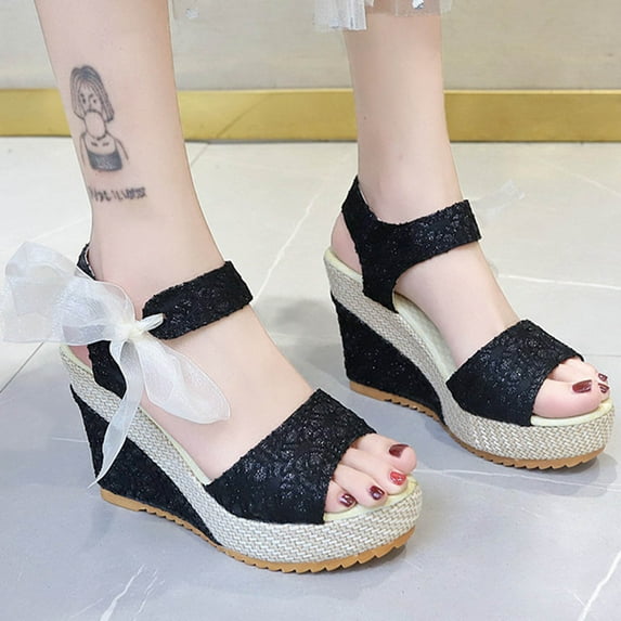 Fridja Women Solid Summer Ladies Bandage Sandals Slope Heel Casual Beach Shoes