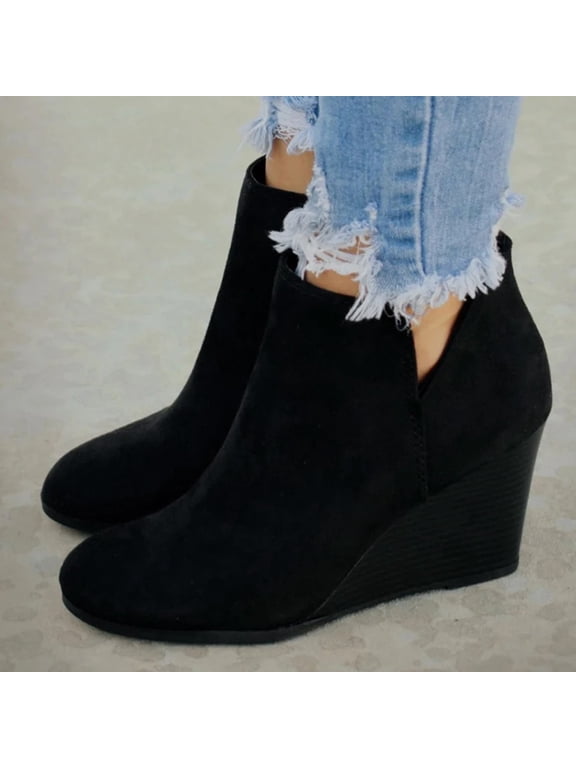 Women Suede Wedges Zipper Solid Color Short Booties Round Toe Shoes