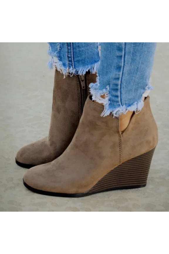 Women Suede Wedges Zipper Solid Color Short Booties Round Toe Shoes