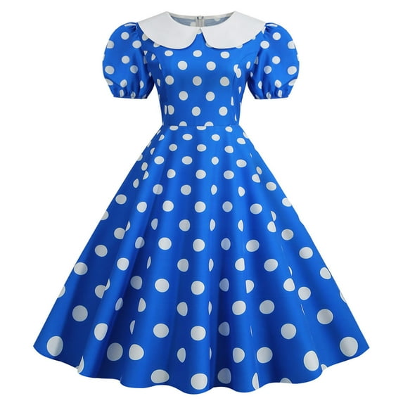 Fridja Womens A Line Flare Vintage Dress Prom Swing Short Puff Sleeve Polka Dot Printing Party Dress