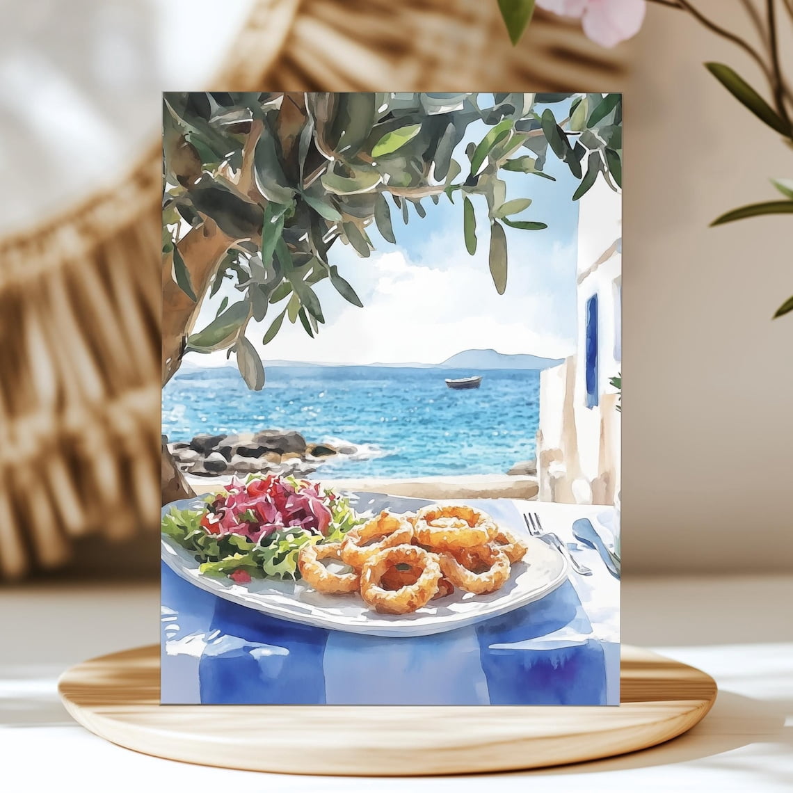set of three mediterranean kitchen prints | framed... Fried Calamari Print, Greek Seaside Restaurant Art, Mediterranean Food ...