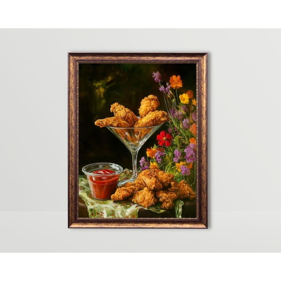Fried Chicken, Whimsical Food Wall Art, Moody Kitchen Poster Fun Snack Posters Still Life Bar Cart Art Fancy Martini Glass Art, Unframed Poster Size 16x24