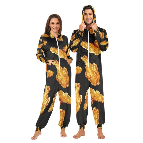 Fried Chicken Wings Adult Onesie Pajamas Slim Fit Christmas One Piece Suit Pjs for Women and Men Hooded Zipper