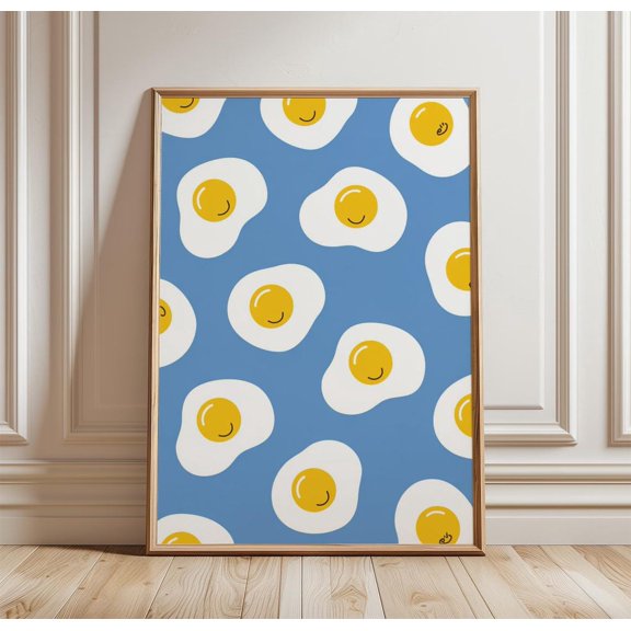 Fried Egg Pattern Blue Kitchen Wall Art Fun Breakfast Art Decor Unframed Paper Print