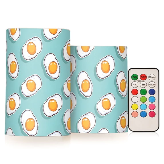 Fried Egg Pattern Flameless LED Candle Set with Remote, Battery Operated Color Changing Pillar Candles, Set of 2