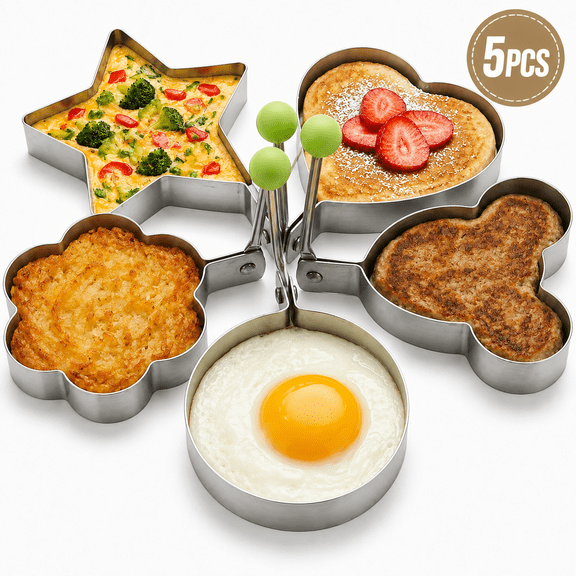 Fried Egg Rings Molds, 2026 New Stainless Steel Pancake Molds for Griddle, Pancake Ring Set with Heart, Star, Cloud Fun Shapes, Non-Stick Breakfast Maker Molds for Family