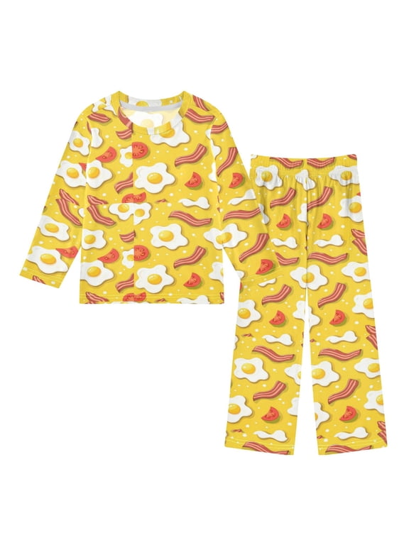 Fried Eggs Bacon Tomatoes Cozy Soft Long Sleeves Top and Pants 2 Piece Cool Pjs Pajamas Set Sleepwear Size 3-11Y