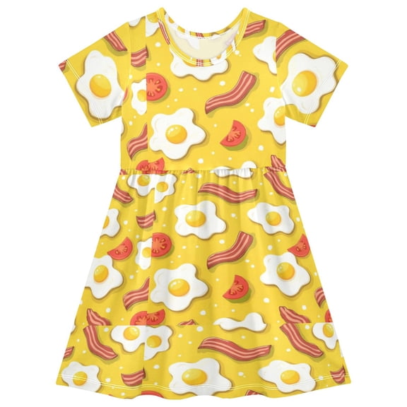 Fried Eggs Bacon Tomatoes Short Sleeve Dress A-Line Cute Midi Casual Sundress 2-8 Years