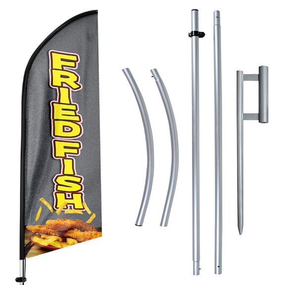 Fried Fish Sign Feather Flag with Pole Kit,11ft Fried Fish Decoration Display, Fried Fish Business Sign,Fried Fish Swooper Flag