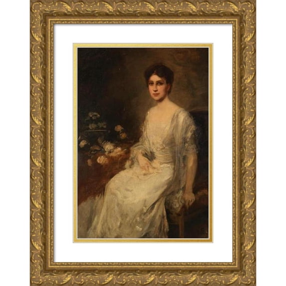 Friedrich August von Kaulbach 11x14 Gold Ornate Wood Frame and Double Matted Museum Art Print Titled - Sitting Lady in the White Dress (1907)