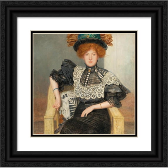 Friedrich König 20x20 Black Ornate Framed Double Matted Museum Art Print Titled: Women's Portrait with Top Blouse and Feather Hat