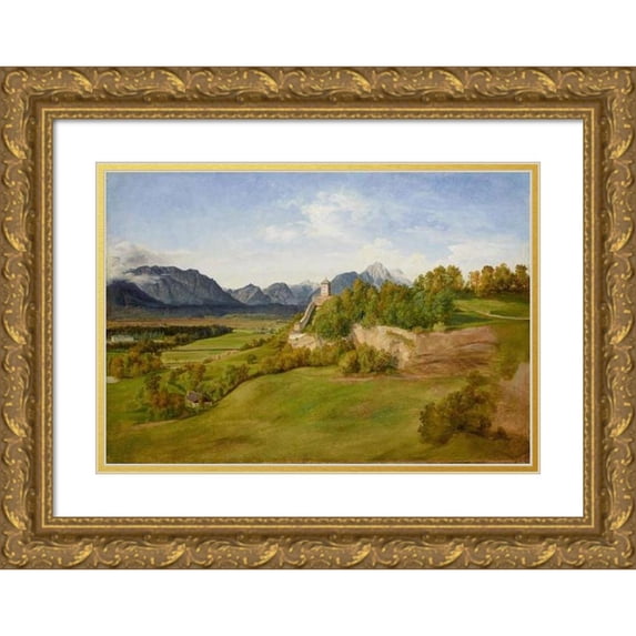 Friedrich Loos 14x11 Gold Ornate Wood Frame and Double Matted Museum Art Print Titled - The Monchsberg in Salzburg with the Josefsturm (1826)
