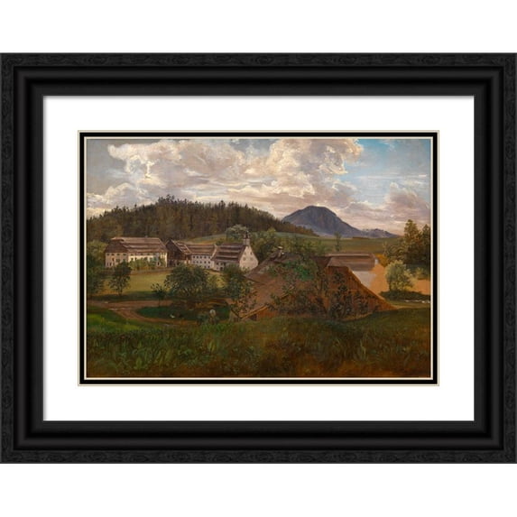 Friedrich Loos 24x18 Black Ornate Framed Double Matted Museum Art Print Titled: Salzburg Landscape with Gutshof (Approx. 1830)