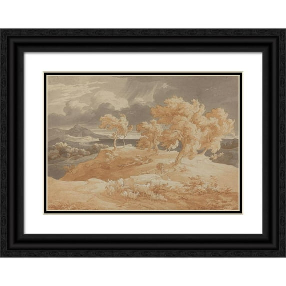 Friedrich Preller the Elder 14x11 Black Ornate Wood Framed Double Matted Museum Art Print Titled: Italian Coastal Landscape with Thunderstorms (1828-31)