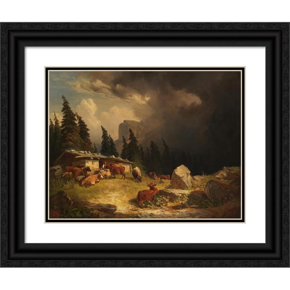 Friedrich Voltz 18x15 Black Ornate Wood Framed Double Matted Museum Art Print Titled - Thunderstorm in the Mountains (1852)