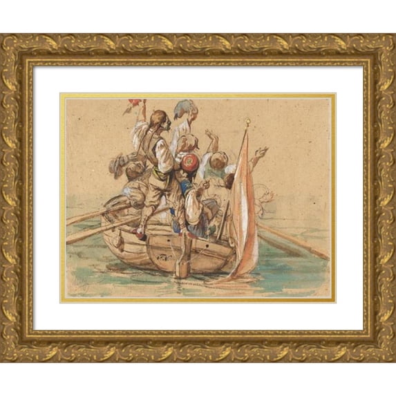 Friedrich von Nerly 18x14 Gold Ornate Wood Frame and Double Matted Museum Art Print Titled - Greek Sailors on a Venetian Canal (Early 1840s)
