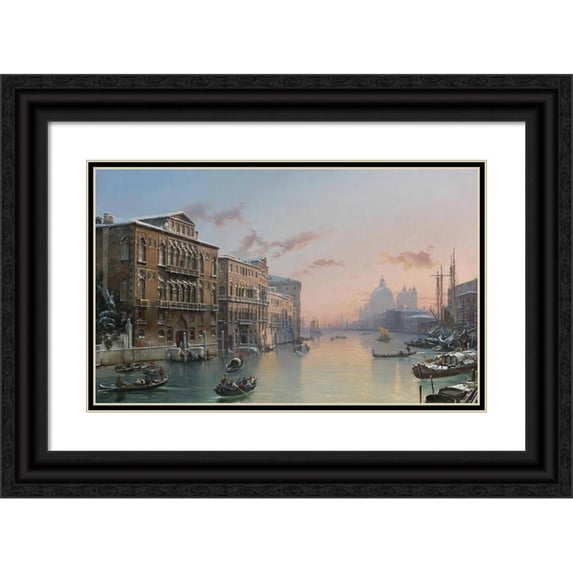 Friedrich von Nerly 24x16 Black Ornate Framed Double Matted Museum Art Print Titled: A Winter View of the Grand Canal, Venice, from the Palazzo Cavalli-Franchetti Towards Santa Mar