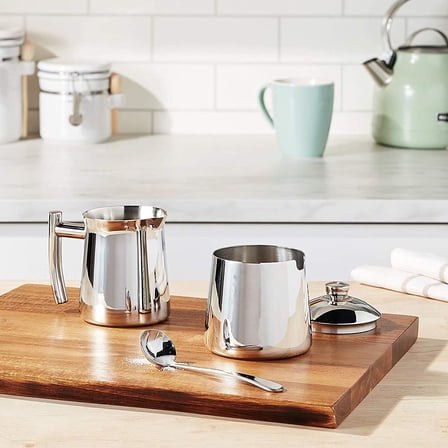 Frieling USA 18/10 Stainless Steel Sugar and Creamer Set - Coffee & Tea Accessories with 10 Oz Metal Creamer Pitcher & Sugar Bowl with Lid
